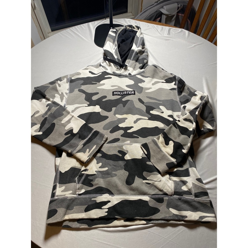 Hollister Mens Gray Camo Pullover Hoodie Logo Patch Fleece Sweatshirt Size M